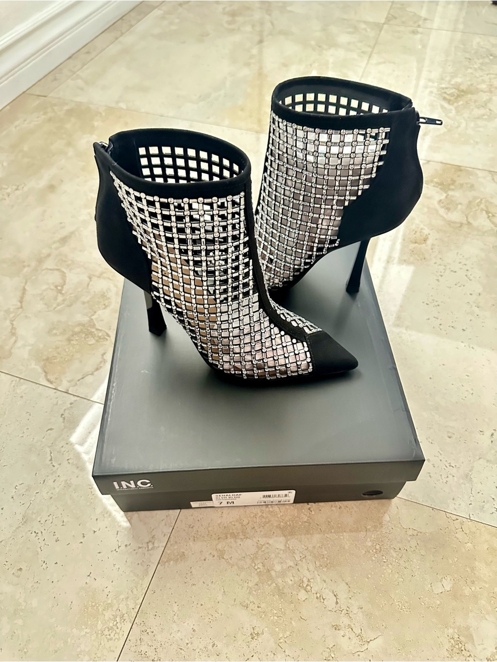 INC International Concepts Black Crystal Mesh Pointed Ankle Booties